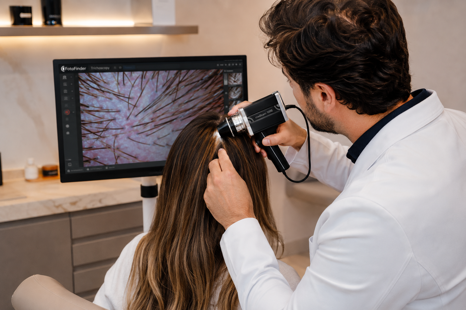 Dermatologista realizando tricoscopia digital com FotoFinder em paciente