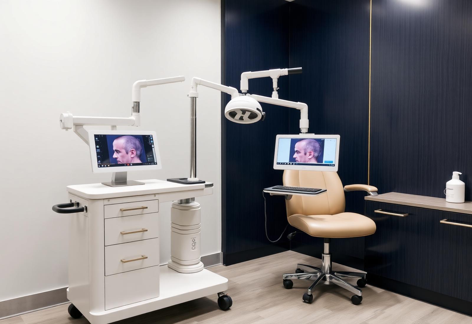Sala de atendimento com equipamento de tricoscopia digital