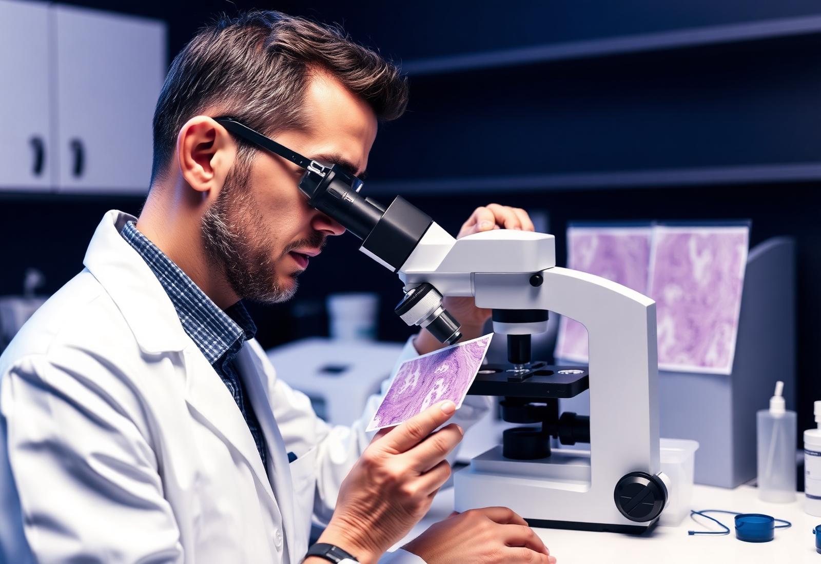 Dermatologista analisando lâminas de biópsia do couro cabeludo em microscópio